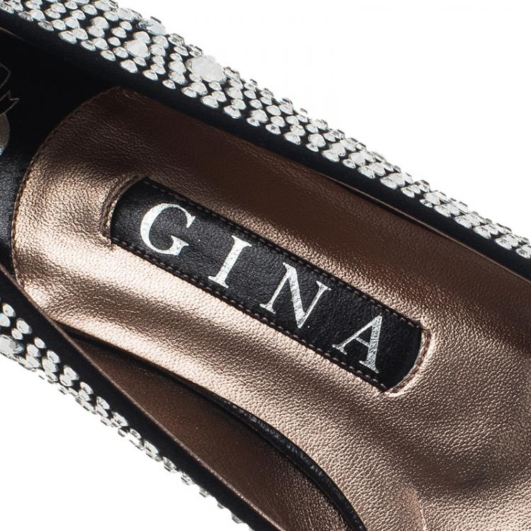 Pre Owned Gina Black Crystal Embellished Satin Ballet Flats Size 36.5