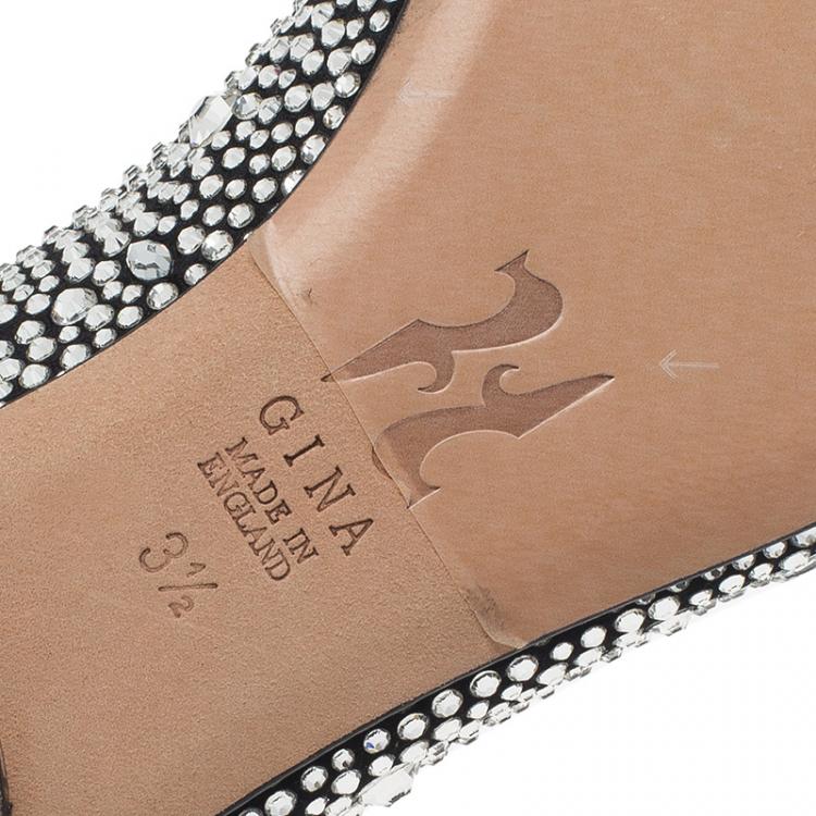 Pre Owned Gina Black Crystal Embellished Satin Ballet Flats Size 36.5