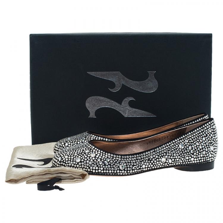 Pre Owned Gina Black Crystal Embellished Satin Ballet Flats Size 36.5