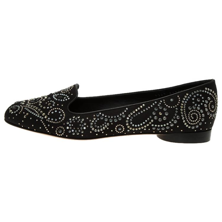 Pre Owned Gina Black Satin Studded Ballet Flats Size 41
