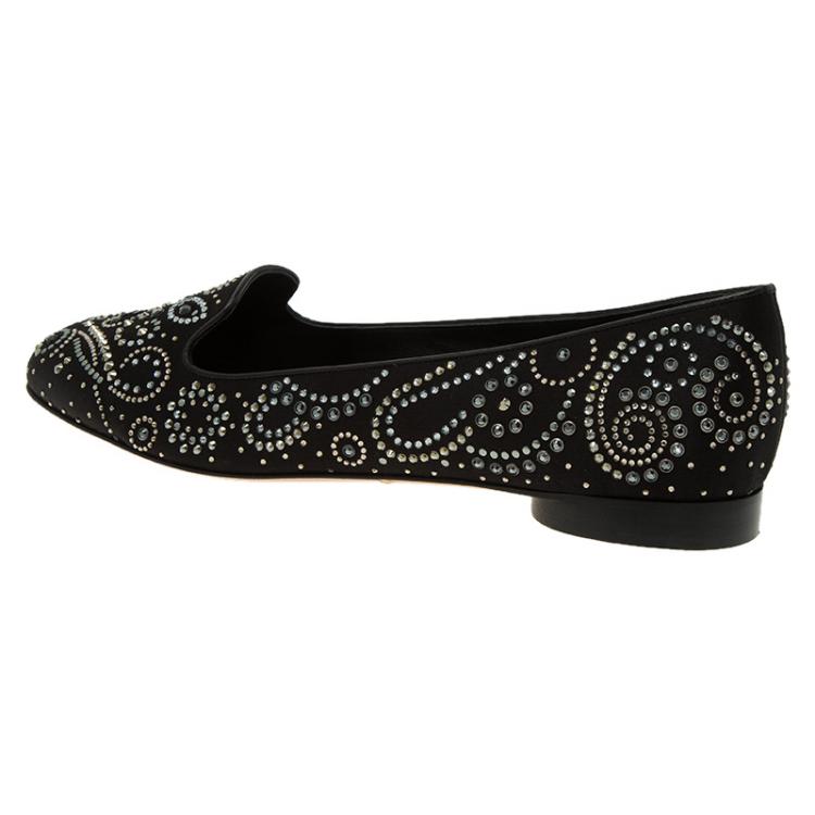 Pre Owned Gina Black Satin Studded Ballet Flats Size 41