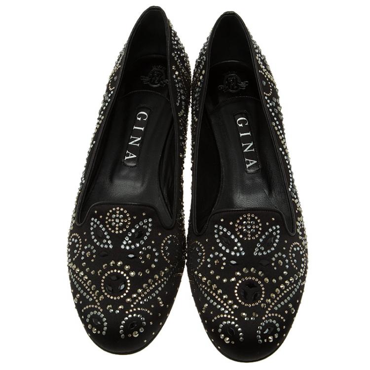 Pre Owned Gina Black Satin Studded Ballet Flats Size 41