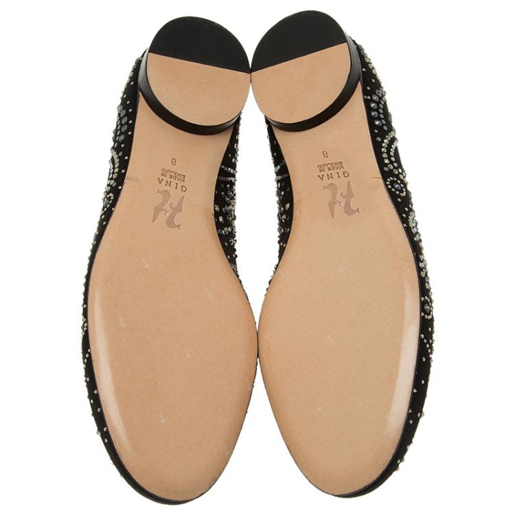 Pre Owned Gina Black Satin Studded Ballet Flats Size 41
