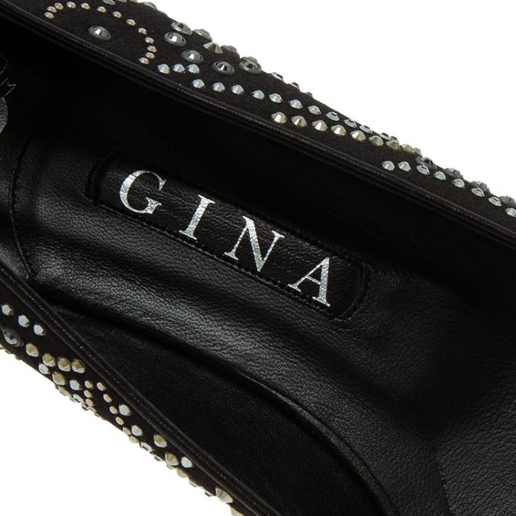 Pre Owned Gina Black Satin Studded Ballet Flats Size 41