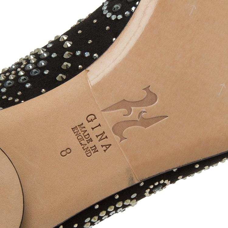 Pre Owned Gina Black Satin Studded Ballet Flats Size 41