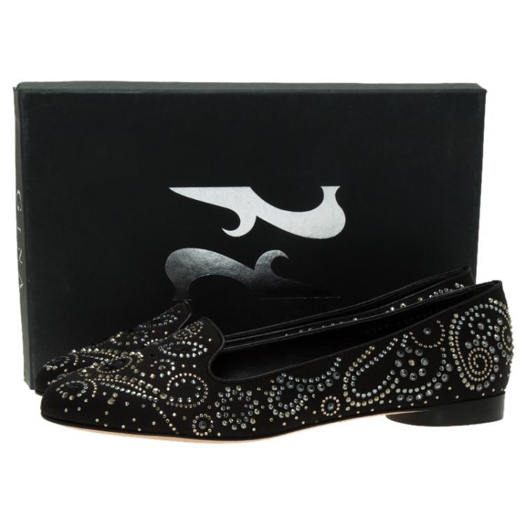 Pre Owned Gina Black Satin Studded Ballet Flats Size 41