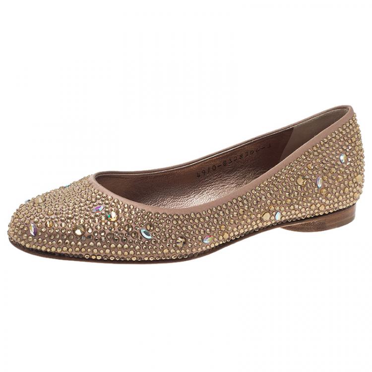 Pre Owned Gina Beige Crystal Embellished Satin Ballet Flats Size 36