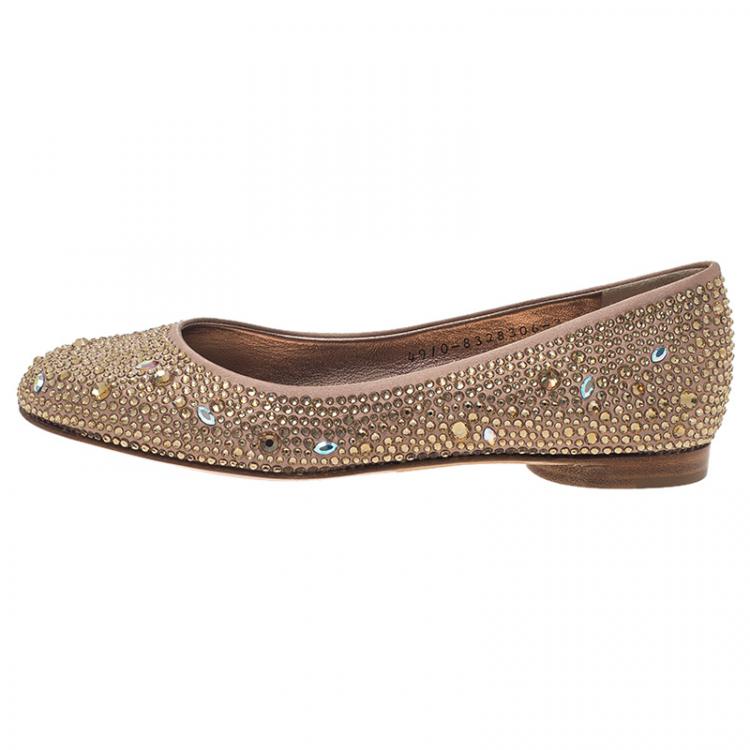 Pre Owned Gina Beige Crystal Embellished Satin Ballet Flats Size 36