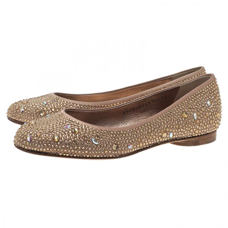 Pre Owned Gina Beige Crystal Embellished Satin Ballet Flats Size 36