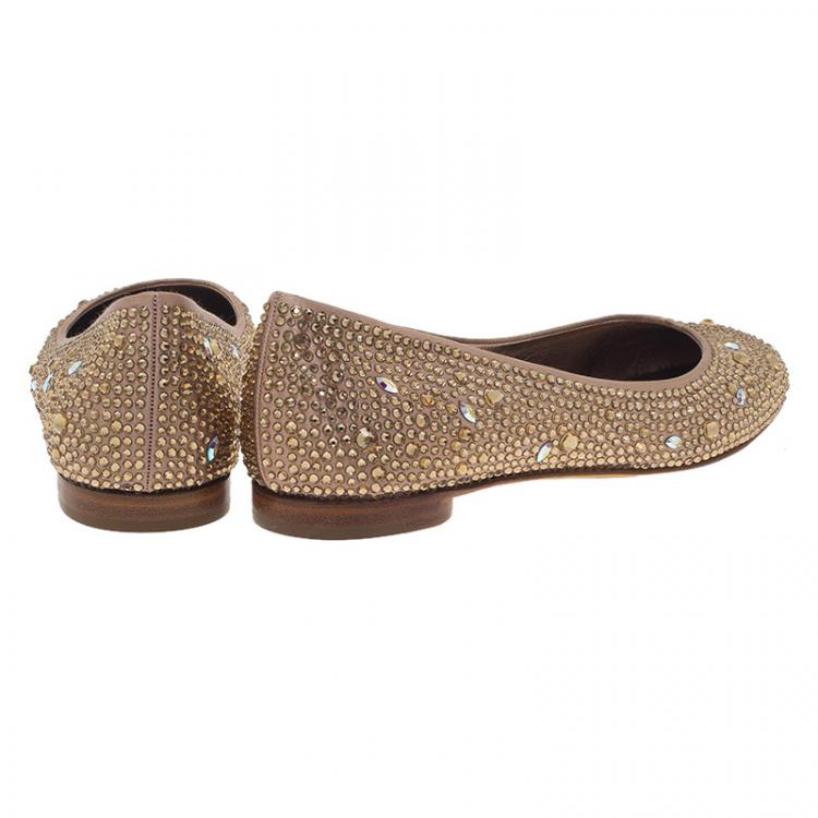 Pre Owned Gina Beige Crystal Embellished Satin Ballet Flats Size 36