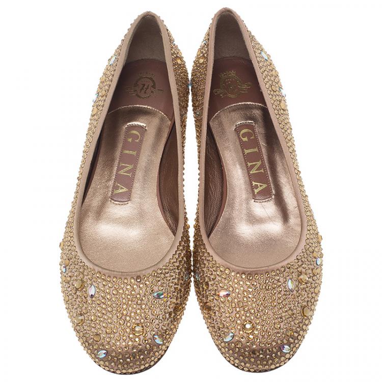 Pre Owned Gina Beige Crystal Embellished Satin Ballet Flats Size 36