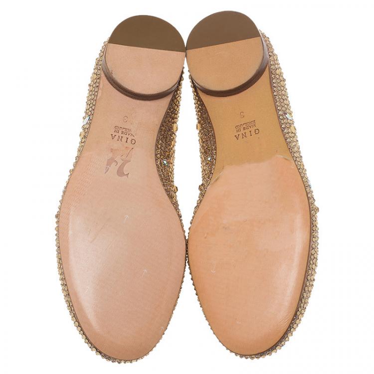 Pre Owned Gina Beige Crystal Embellished Satin Ballet Flats Size 36