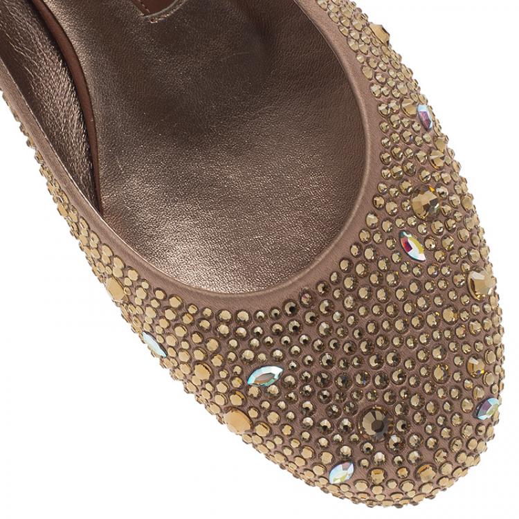 Pre Owned Gina Beige Crystal Embellished Satin Ballet Flats Size 36