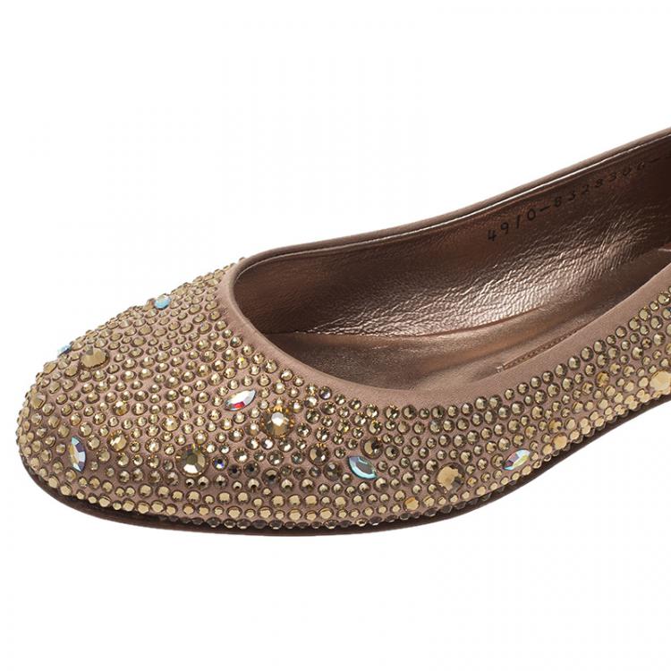 Pre Owned Gina Beige Crystal Embellished Satin Ballet Flats Size 36