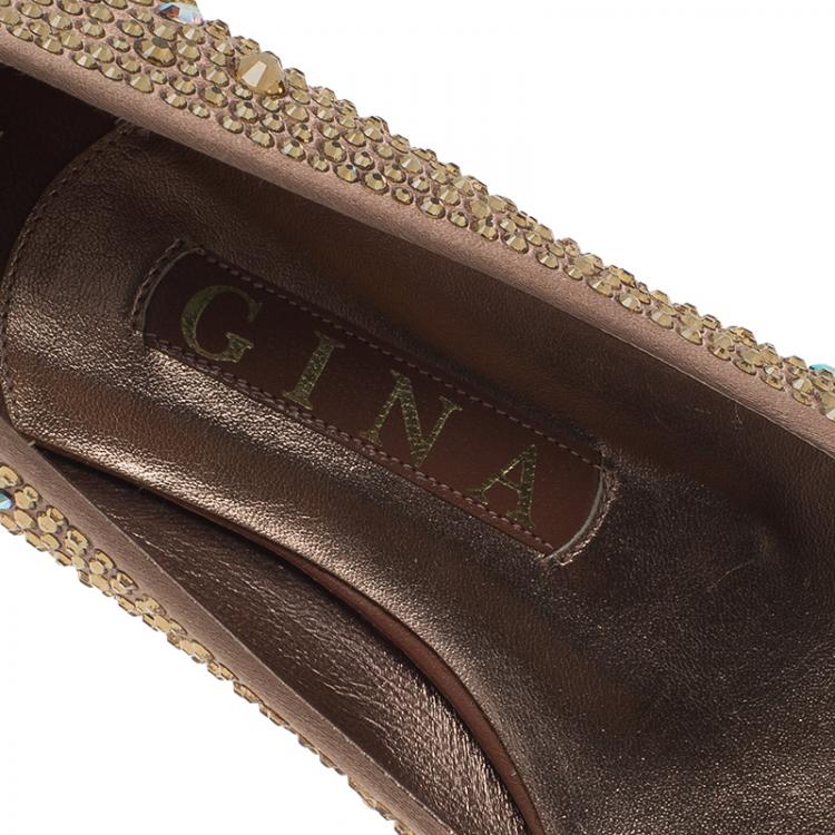 Pre Owned Gina Beige Crystal Embellished Satin Ballet Flats Size 36