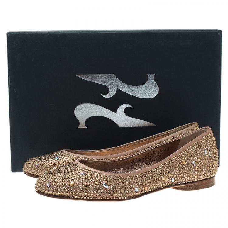 Pre Owned Gina Beige Crystal Embellished Satin Ballet Flats Size 36