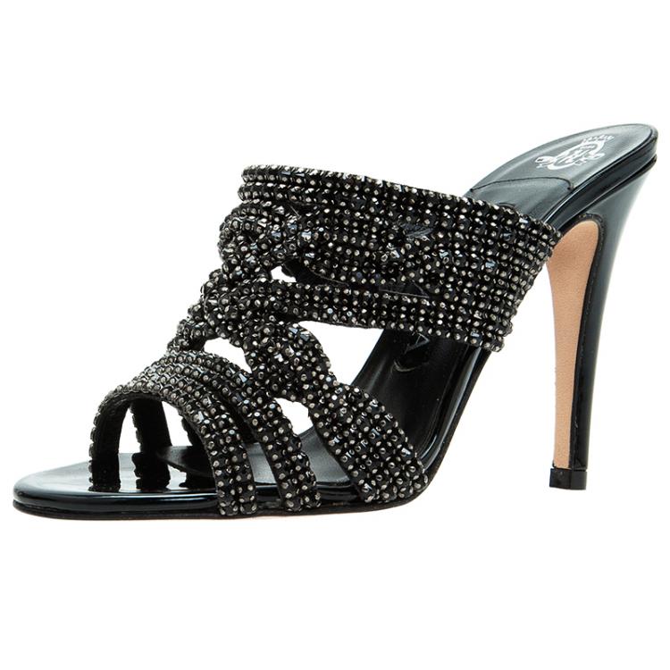 Pre Owned Gina Black Crystal Embellished Slides Size 36.5