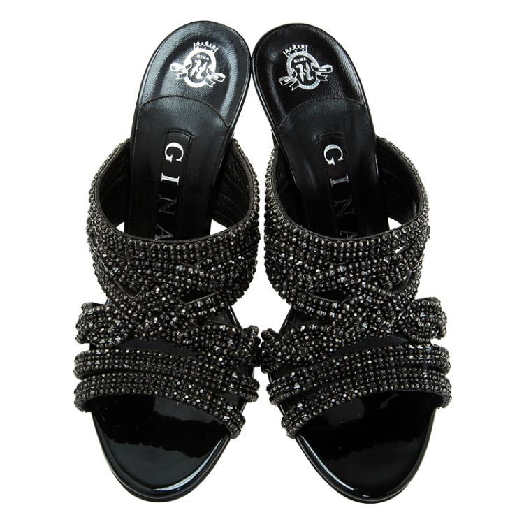 Pre Owned Gina Black Crystal Embellished Slides Size 36.5