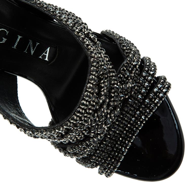 Pre Owned Gina Black Crystal Embellished Slides Size 36.5