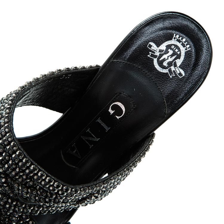 Pre Owned Gina Black Crystal Embellished Slides Size 36.5