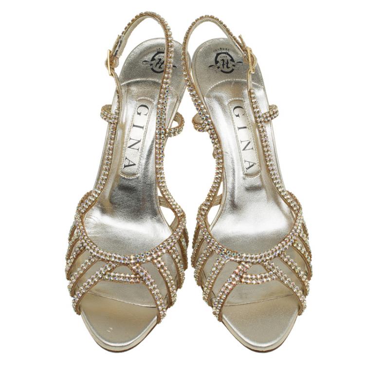Pre Owned Gina Metallic Gold Crystal Embellished Slingback Sandals Size 38