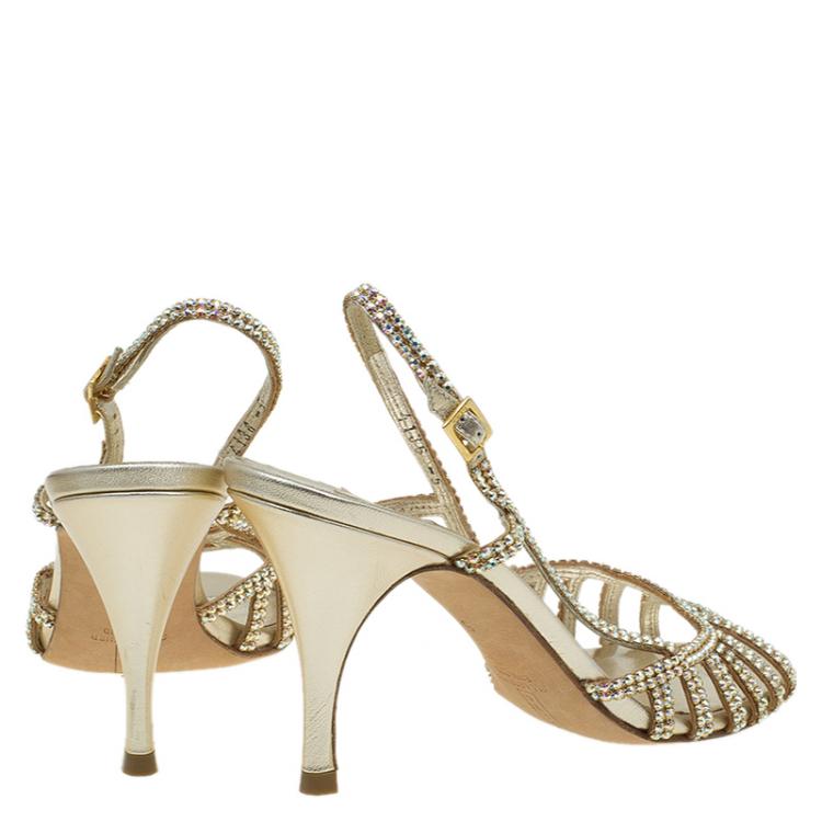 Pre Owned Gina Metallic Gold Crystal Embellished Slingback Sandals Size 38