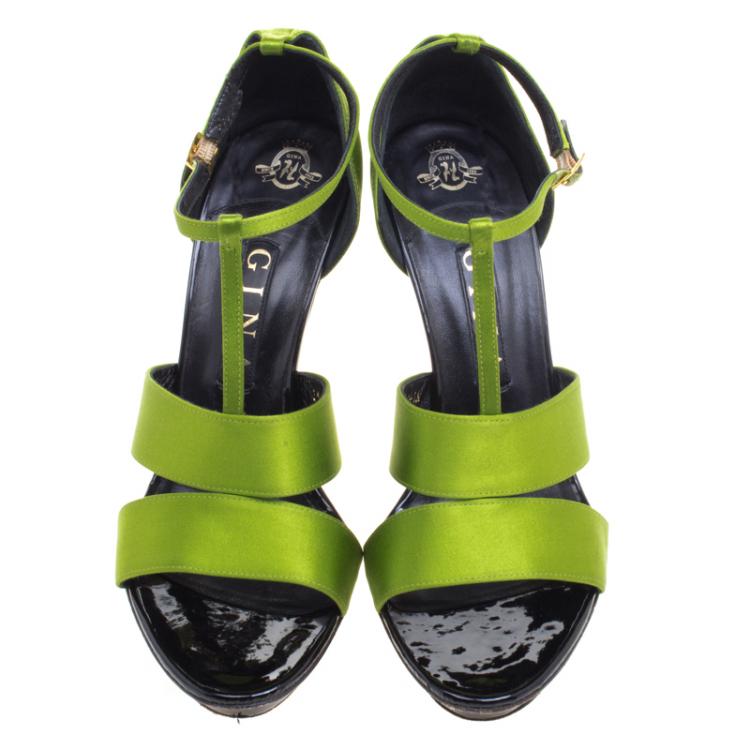 Pre Owned Gina Green Satin T Strap Sandals Size 39.5
