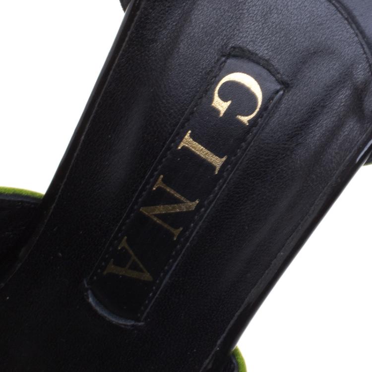 Pre Owned Gina Green Satin T Strap Sandals Size 39.5