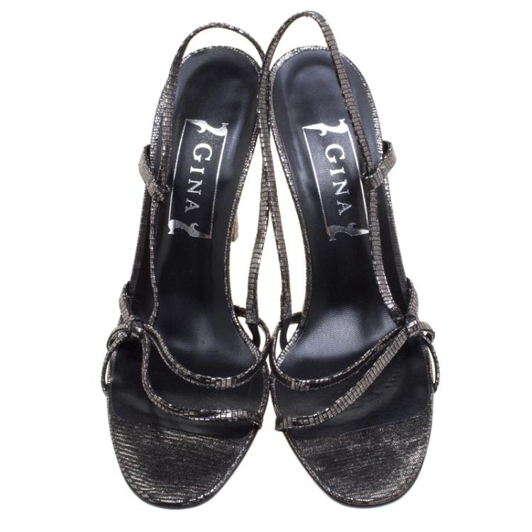 Pre Owned Gina Grey Metallic Suede Slingback Sandals Size 39.5