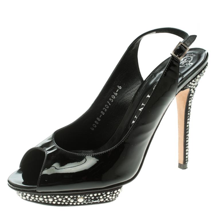 مملوكة مسبقًا Gina Black Patent Leather Crystal Embellished Platform Peep Toe Slingback Sandals Size 39