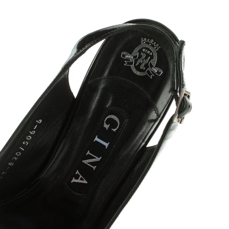 مملوكة مسبقًا Gina Black Patent Leather Crystal Embellished Platform Peep Toe Slingback Sandals Size 39