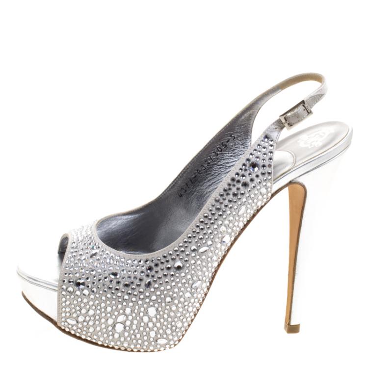 Pre Owned Gina Grey Satin Crystal Embellished Slingback Platform Sandals Size 38