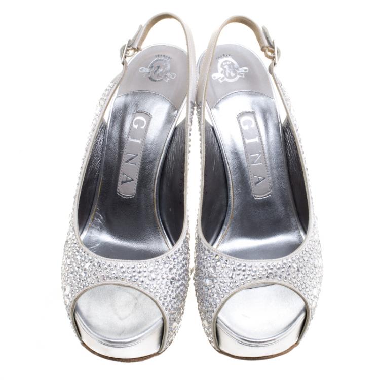 Pre Owned Gina Grey Satin Crystal Embellished Slingback Platform Sandals Size 38