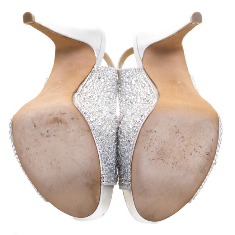 Pre Owned Gina Grey Satin Crystal Embellished Slingback Platform Sandals Size 38