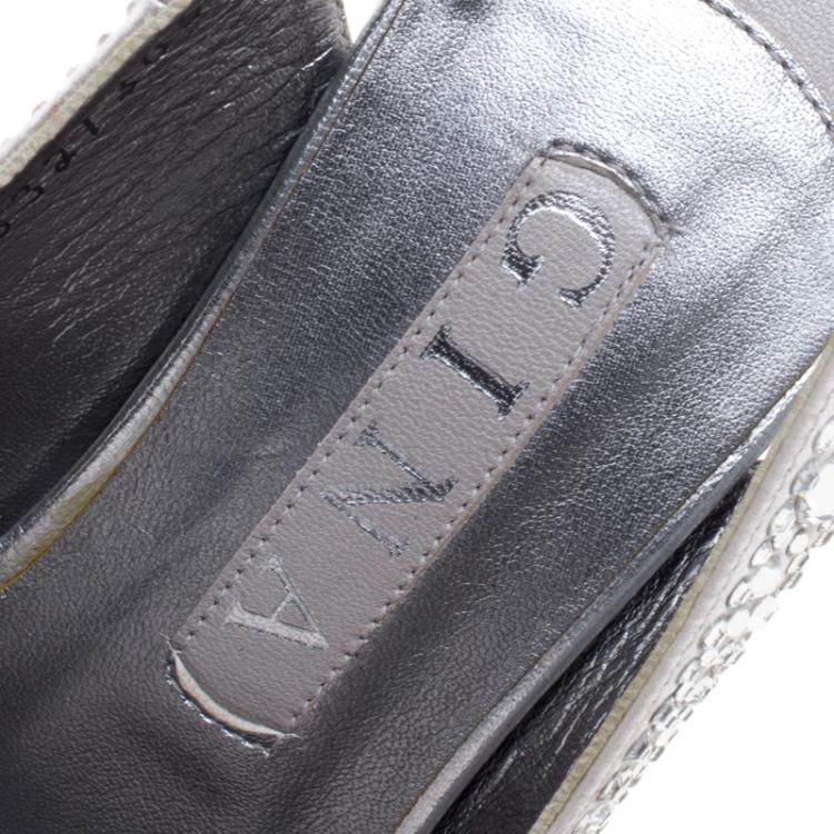 Pre Owned Gina Grey Satin Crystal Embellished Slingback Platform Sandals Size 38