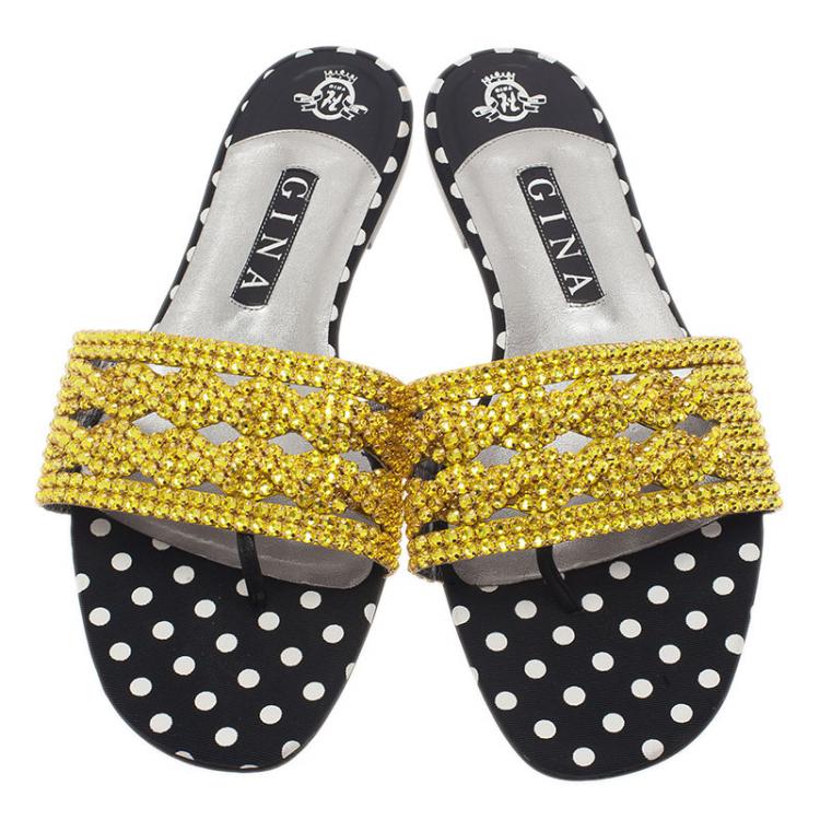 Pre Owned Gina Gold Embellished Athena Slides Size 41.5