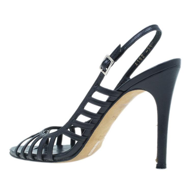 Pre Owned Gina Black Leather Caged Slingback Sandals Size 38.5
