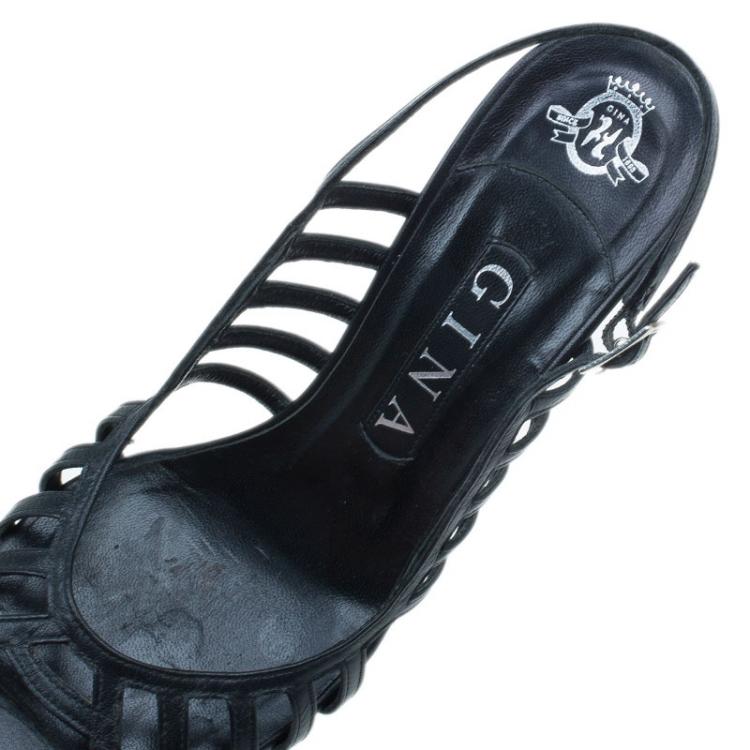 Pre Owned Gina Black Leather Caged Slingback Sandals Size 38.5