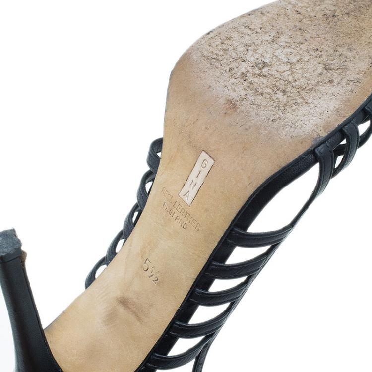 Pre Owned Gina Black Leather Caged Slingback Sandals Size 38.5