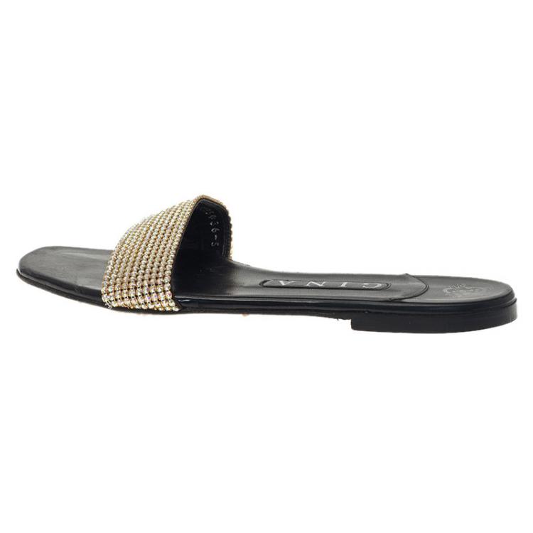 Pre Owned Gina Gold Crystal Flat Slides Size 38