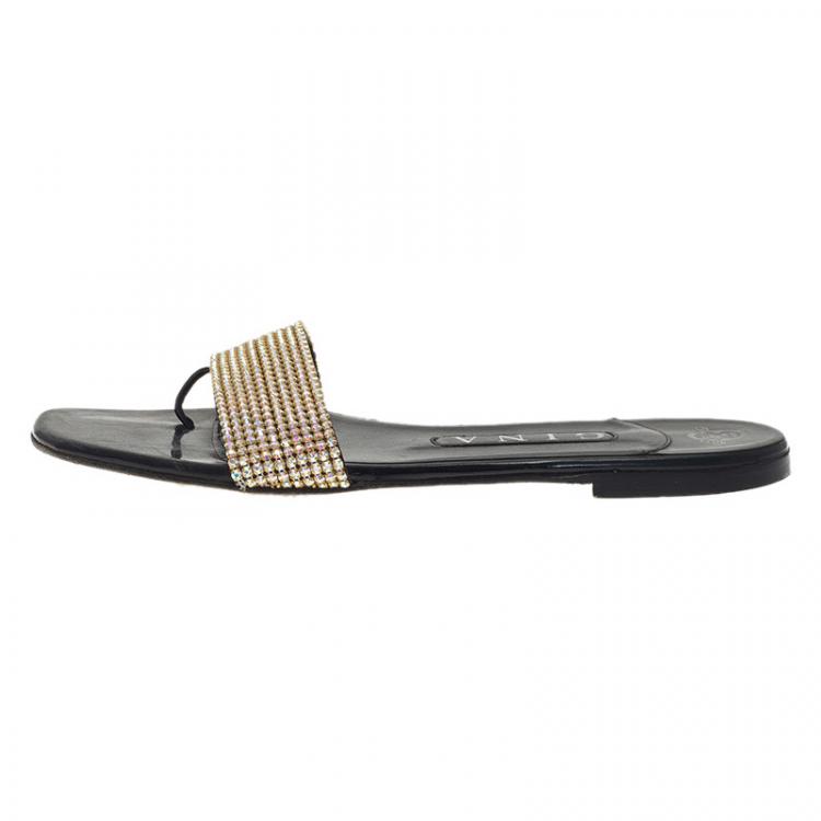 Pre Owned Gina Gold Crystal Flat Slides Size 38