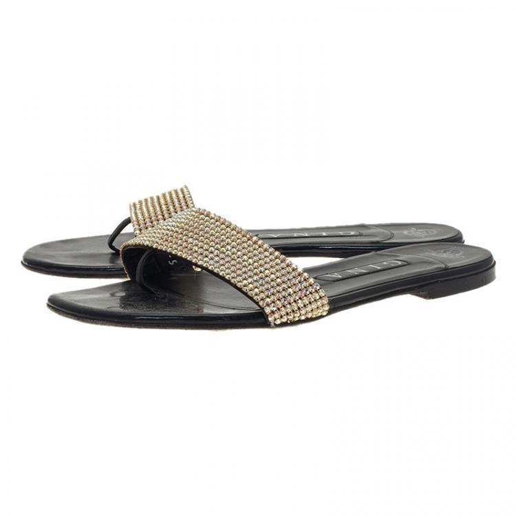 Pre Owned Gina Gold Crystal Flat Slides Size 38