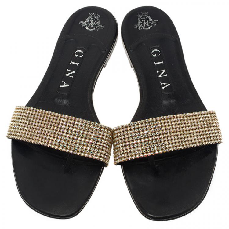 Pre Owned Gina Gold Crystal Flat Slides Size 38
