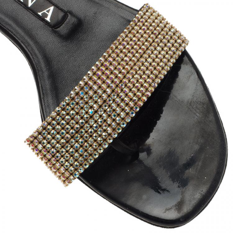 Pre Owned Gina Gold Crystal Flat Slides Size 38