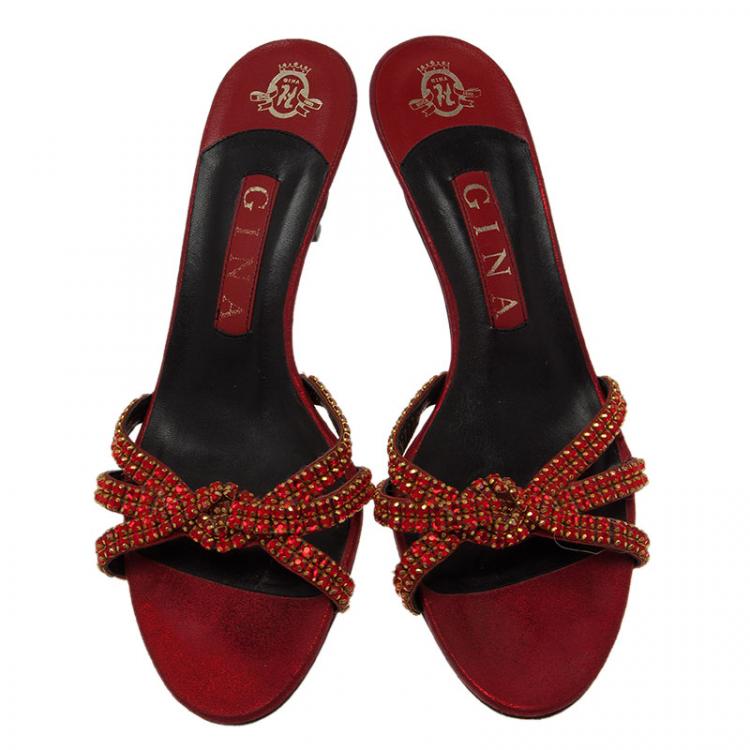 Pre Owned Gina Red Satin Embellished Knotted Open Toe Slides Size 38