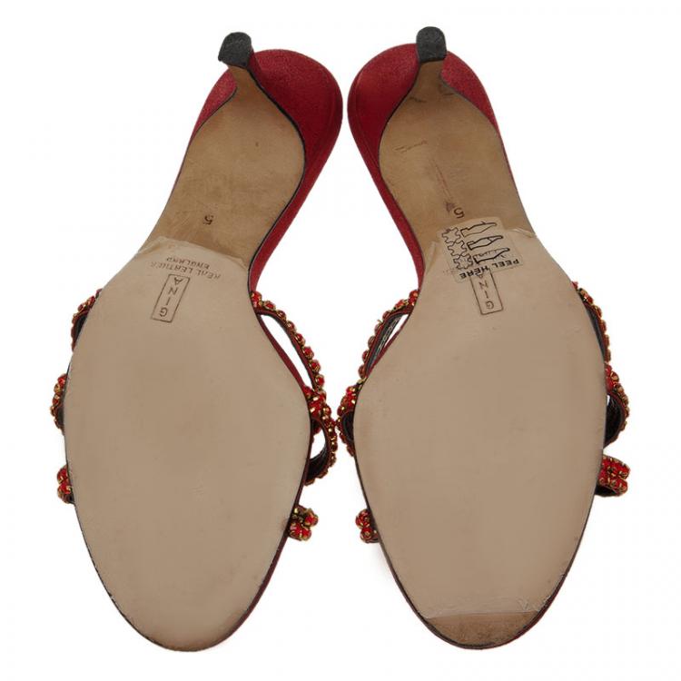 Pre Owned Gina Red Satin Embellished Knotted Open Toe Slides Size 38