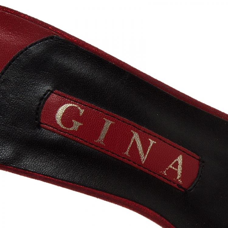 Pre Owned Gina Red Satin Embellished Knotted Open Toe Slides Size 38