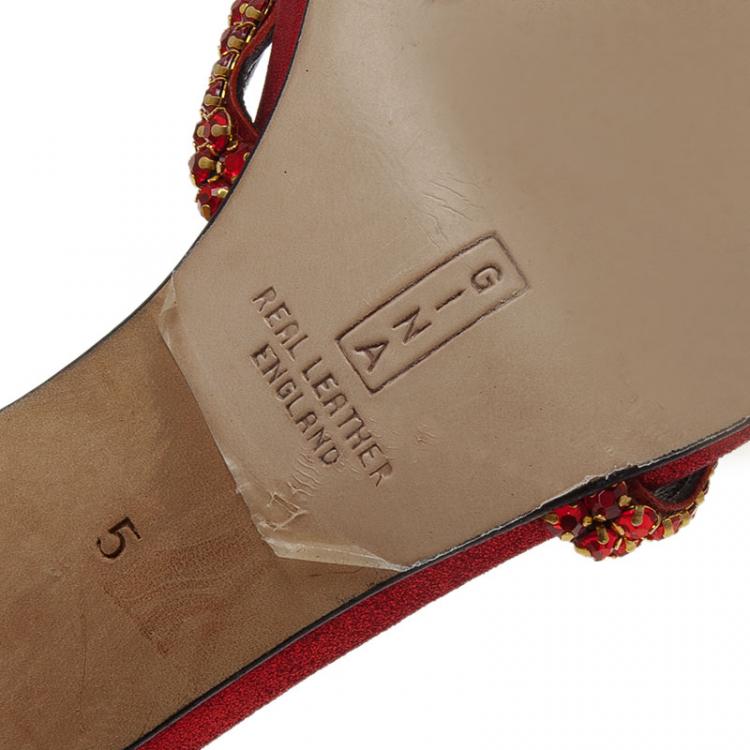 Pre Owned Gina Red Satin Embellished Knotted Open Toe Slides Size 38