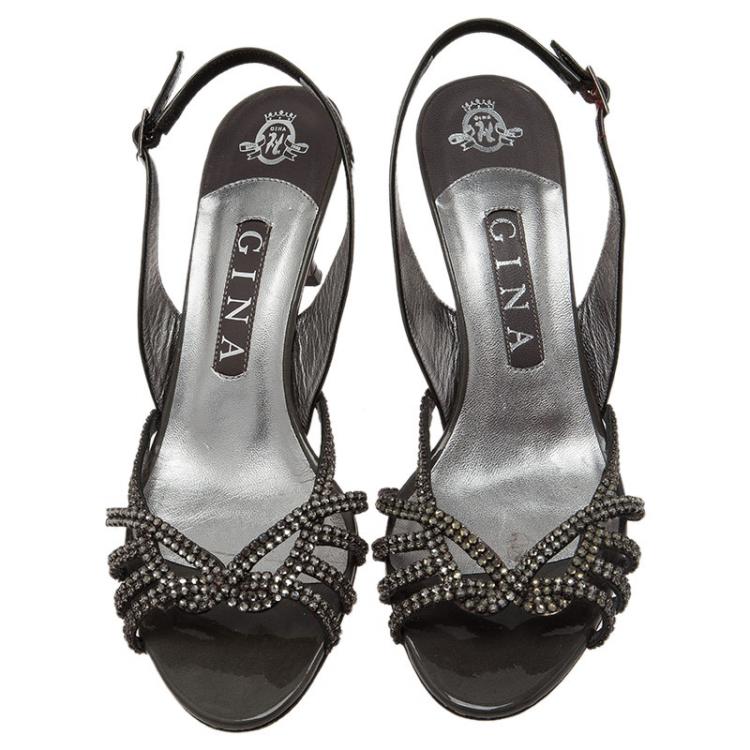 مملوكة مسبقًا Gina Grey Patent Crystal Slingback Sandals Size 38