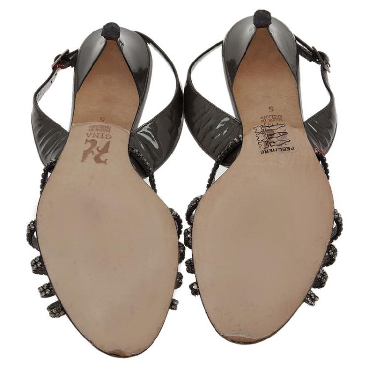 مملوكة مسبقًا Gina Grey Patent Crystal Slingback Sandals Size 38